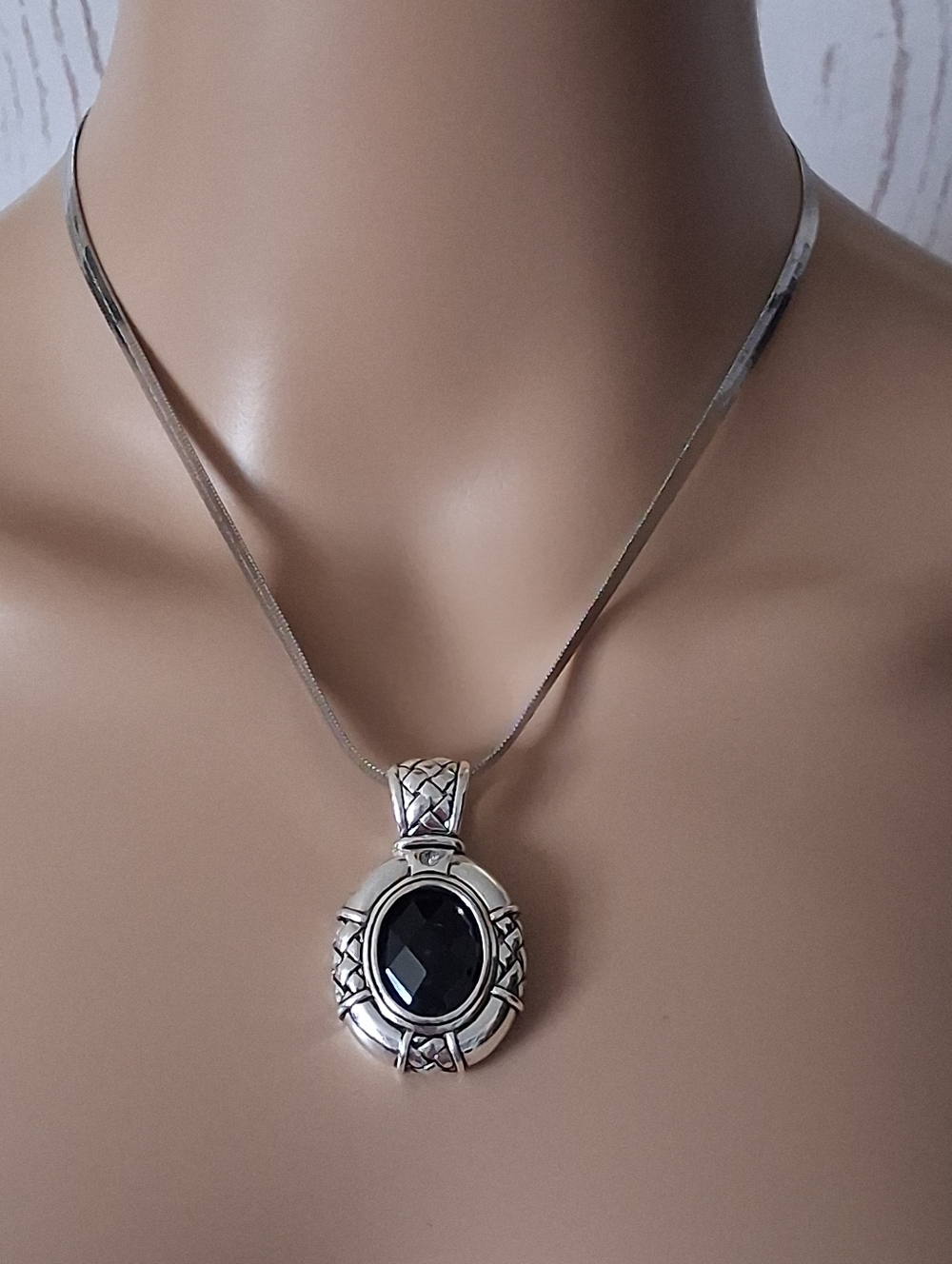Silvertone Black Stone Pendant Necklace Herringbone Chain